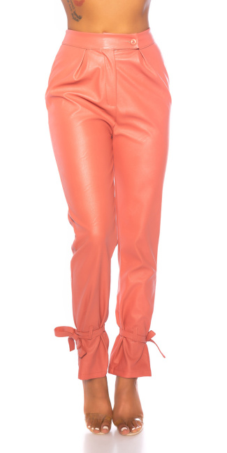 Trendy hoge taille broek leder- look roze